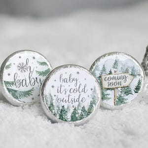 Baby it's Cold Outside Baby Shower Favors Chocolate Kisses Stickers | Winter Wonderland Evergreen Trees Candy Labels Envelope Seals