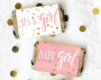 Pink and Gold Baby Shower Candy Wrappers, Miniature Chocolate Stickers (42 ct)