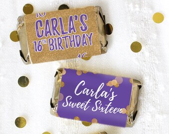 Personalized Sweet 16 Purple and Gold Birthday Candy Wrappers for Miniature Chocolate, Sweet Sixteen Party Favor Labels - 45 Stickers
