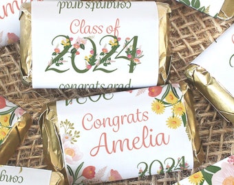 Personalized Floral Graduation Party Favor Candy Bar Wrappers for Miniature Chocolates | Sticker Labels | Class of 2024 Decorations for Her