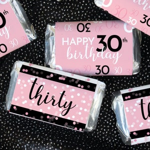 30th Birthday Party Favor Stickers - Pink and Black Mini Candy Bar Wrapper Labels 42ct - Adult Birthday Decorations and Supplies for Women