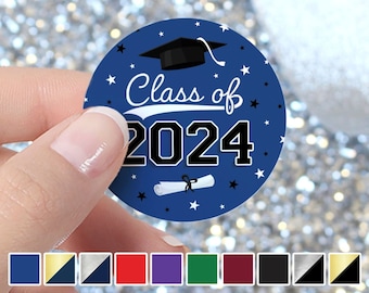 2024 Graduation Stickers | 1.75” Circle Envelope Seals | Party Favor Bag Labels | Class of 2024 Stickers for Favors | 10 School Colors