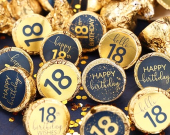 18th Birthday Stickers for Kisses Candy, Navy and Gold Happy 18th Birthday Party Favor Sticker Labels