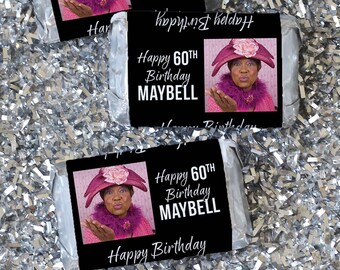 Personalized Happy Birthday Photo Mini Candy Bar Wrapper Stickers | Picture Name Age Party Favors | 40th 50th 60th 70th 80th 90th 100th 1st