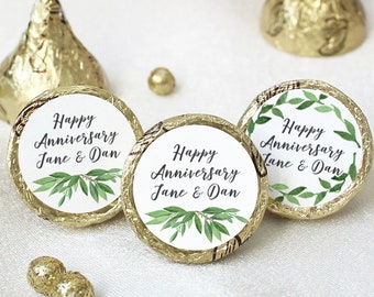 Personalized Anniversary Greenery Stickers for Chocolate Kisses | Eucalyptus, Boho, Garden Theme Wedding Party Favors, Three Lines of Text