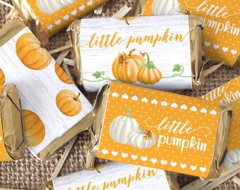 Little Pumpkin Baby Shower Candy Wrappers for Miniature Chocolates, 42 Stickers, Fall Baby Shower and Gender Reveal Party Favor Labels