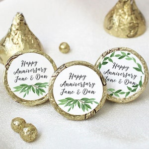 Personalized Anniversary Greenery Stickers for Chocolate Kisses | Eucalyptus, Boho, Garden Theme Wedding Party Favors, Three Lines of Text