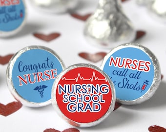 Nursing School 2026 Graduation Party Favor Stickers, Chocolate Kisses Candy Labels for Nurse Grad, Red & Blue 'Nurses Call All the Shots'