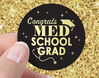 Black and Gold Medical School Graduation Stickers, 1.75” Envelope Seals, Party Favor Circle Labels, Med Grad 2026 Party Favors & Decorations