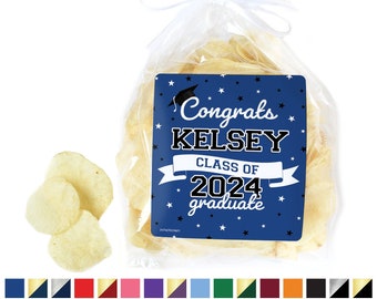 Personalized Graduation Chip Bag or Popcorn Label Stickers | Name Grad Party Favors, Class of 2024, Grad Party Decoration - 16 School Colors