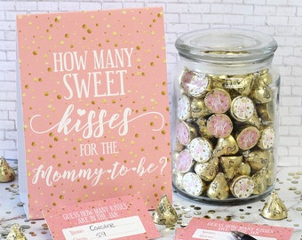 Guess How Many Kisses in the Jar Game, Pink Girl Baby Shower Party Game, Guessing Game, Sign and 30 Player Cards