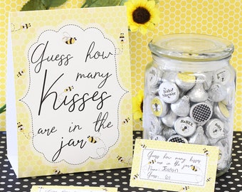 Guess How Many Kisses in the Jar Game, Bee Baby Shower or What Will Baby Be Gender Reveal Party Game, Guessing Game, Sign + 30 Player Cards