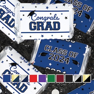 2024 Graduation Mini Chocolate Bar Candy Bar Wrapper Labels | Class of 2024 Graduation Favors, Congrats Grad Party Decor - 10 School Colors