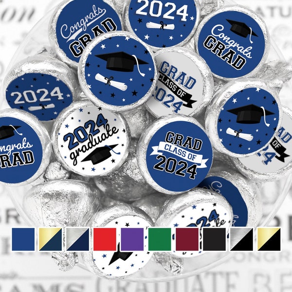 2024 Graduation Stickers for Chocolate Kisses | Class of 2024 Party Favors | Envelope Seals, Candy Labels | Congrats Grad - 10 School Colors