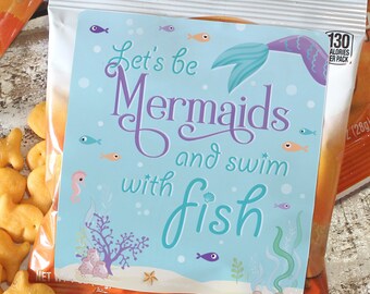 Mermaid Birthday Party Favor Stickers for Gold Fish Crackers, Animal Cookies, Chip Bags, Snack Bags - Mermaid Princess Party - 32 Labels