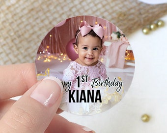 Personalized Happy Birthday Photo Stickers Round Labels, Picture Name Age Party Favors | 1st 2nd 13th 16th 30th 40th 50th 60th 70th 80th