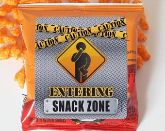 Construction Birthday - Chip, Cookie, Snack Bag Stickers, Boy, Caution Tape, Steel Gray and Yellow - 32 Party Favor Labels