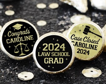 Personalized Law Degree Graduation Stickers for Chocolate Kisses Candy | Class of 2024 Law School Grad Decor Party Favor, Case Closed Gavel