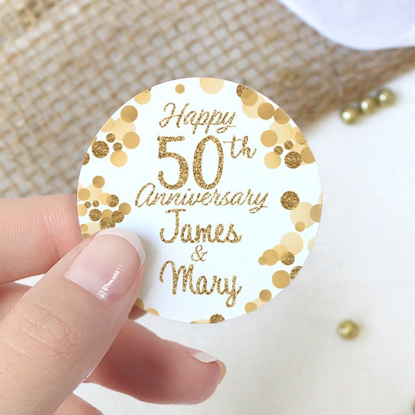 Personalized 50th Anniversary Party Favor Stickers, Golden Anniversary Wedding Labels