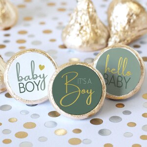 Green and Gold Boy Baby Shower Party Favor Stickers, Baby Shower Chocolate Kisses Candy Labels, Sage Green It's a Boy Theme - 180 Labels
