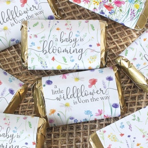 Wildflower Girl Baby Shower Mini Candy Bar Wrapper Stickers, Baby in Bloom Party Decoration, Little Wildflower on the Way Favor Labels 45ct