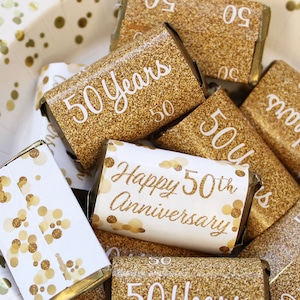 50th Anniversary Candy Wrappers for Miniature Chocolates, 45ct - 50th Anniversary Decorations - Golden Wedding Anniversary Party Favors