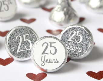 25th Anniversary Decorations - Silver Wedding Anniversary - 25th Anniversary Party Favors - Chocolate Kisses Party Favor Stickers - 180ct