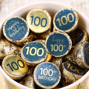 100th Birthday Party Favor Stickers - Navy Blue & Gold Foil Chocolate Kiss Sticker Labels 180ct - Adult Birthday Decorations and Supplies