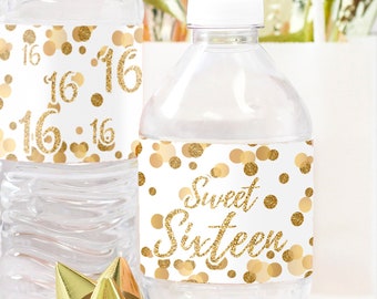 Sweet 16 Birthday Party Water Bottle Labels, White and Gold | 16th Birthday Waterproof Water Bottle Wrappers | Gold Sweet 16 Favor | 24ct