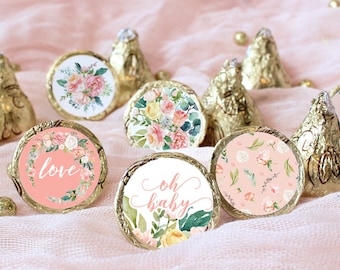 Pink Floral Baby Shower Favor Chocolate Kisses Stickers | Baby Girl Its a Girl Decor Soft Pink Watercolor Flowers Oh Baby