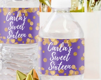 Sweet 16 Personalized  Birthday Party: Purple and Gold,Water Bottle Labels - Waterproof Wrappers- Party Favor Table Decorations, 24 Stickers