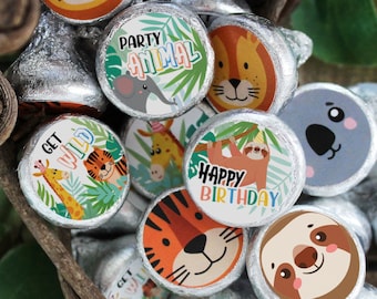 Jungle Birthday Stickers for Chocolate Kisses - Safari Party Birthday Favors - Wild One Two Animals Themed Labels or Candy Party Supplies