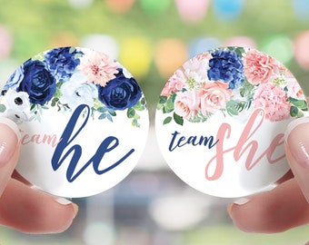 Navy and Blush Floral Gender Reveal Party - Team Boy or Team Girl - 40 Labels, Elegant What Will Baby Be Team He or She Voting Stickers