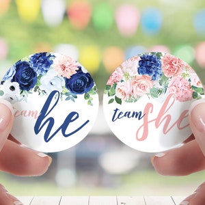 Navy and Blush Floral Gender Reveal Party - Team Boy or Team Girl - 40 Labels, Elegant What Will Baby Be Team He or She Voting Stickers