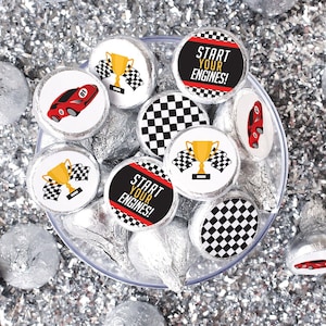 Race Car Party Favor Labels for Chocolate Kisses, Kids Birthday Party Candy Favor Labels, Let&#39;s Go Racing, Start Your Engines Birthday