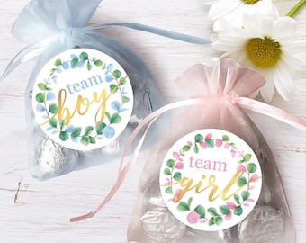 Pegatinas de revelación de género con motivos vegetales, etiquetas de recuerdo de fiesta de revelación de género con eucalipto, votación para niño o niña, tema de jardín de género verde y dorado, 40 unidades