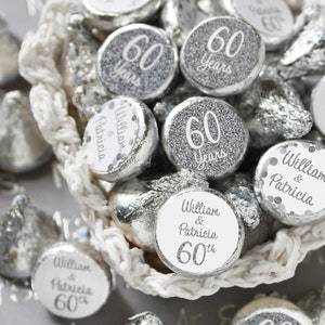 personalized 25th silver 60th 70th diamond wedding anniversary custom party favors labels sticker party table celebration decoration centerpiece married couples