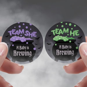 Pegatinas espeluznantes para revelar el género de un bebé, 40 etiquetas para el equipo "él o ella", pegatinas de caldero de mago o bruja, pegatinas de votación para bebés de Halloween