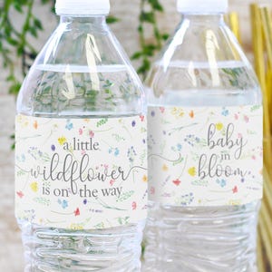 Wildflower Girl Baby Shower Water Bottle Labels, A Little Wildflower is on the Way, Baby in Bloom, Waterproof Stickers, Spring Floral - 20ct