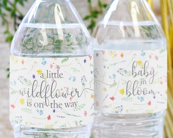 Wildflower Girl Baby Shower Water Bottle Labels, A Little Wildflower is on the Way, Baby in Bloom, Waterproof Stickers, Spring Floral - 20ct
