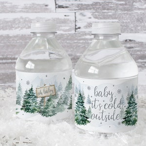 Baby it's Cold Outside Baby Shower Party Favor Water Bottle Label | Winter Wonderland Evergreen Trees Gender Neutral Waterproof Stickers