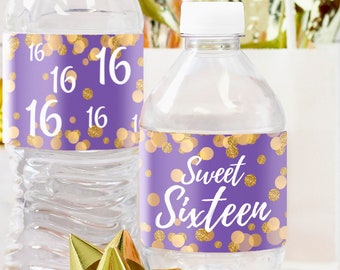 Sweet 16 Birthday Water Bottle Labels - 24 Count | Purple and Gold Sweet 16 Decorations - Sweet 16 Favors - 16th Birthday Party Supplies