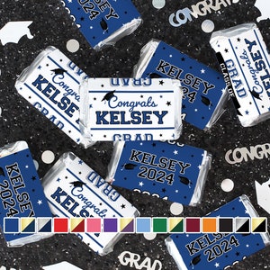 Personalized Graduation Mini Candy Bar Wrapper Label Stickers | Add Name, Grad Party Decor Favor Class of 2024 Table Decor- 16 School Colors