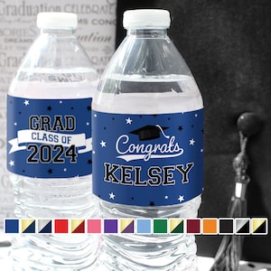 Personalized Graduation Water Bottle Label | Add Name, Party Favors Table Decor Congrats Class of 2024 Waterproof Sticker - 16 School Colors