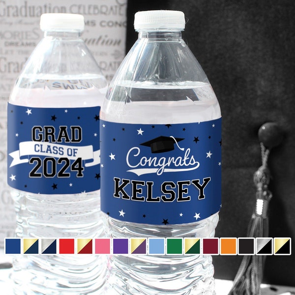 Personalized Graduation Water Bottle Label | Add Name, Party Favors Table Decor Congrats Class of 2024 Waterproof Sticker - 16 School Colors