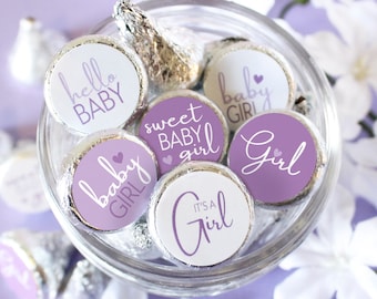 Purple Baby Shower Party Favor Stickers - 180 Labels, Sweet Baby Girl Baby Shower Chocolate Kisses Candy Labels, Purple It's a Girl Theme