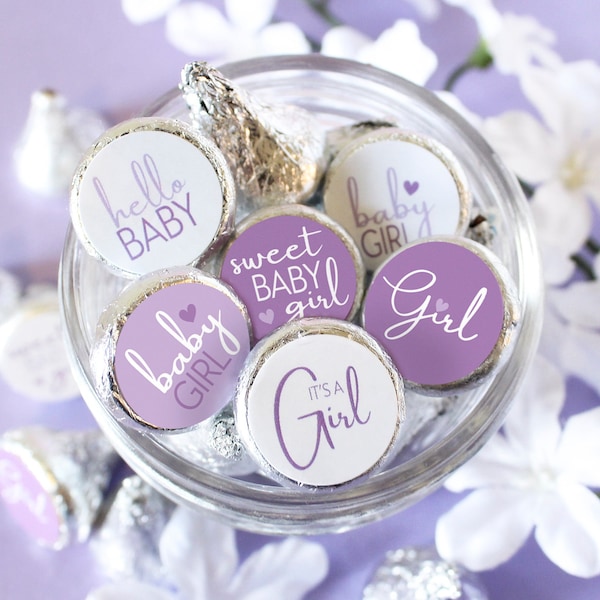 Purple Baby Shower Party Favor Stickers - 180 Labels, Sweet Baby Girl Baby Shower Chocolate Kisses Candy Labels, Purple It's a Girl Theme