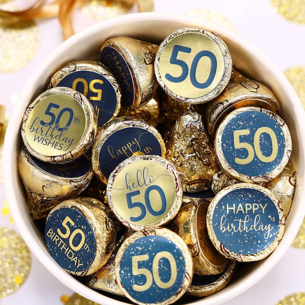 50th Birthday Party Favor Stickers - Navy Blue & Gold Foil Chocolate Kiss Sticker Labels 180ct - Adult Birthday Decorations and Supplies