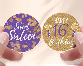 Sweet 16 Birthday Party Favor Stickers, Purple and Gold - Sweet Sixteen Birthday Decorations and Favors  - Bag Candy Labels Envelope Seals