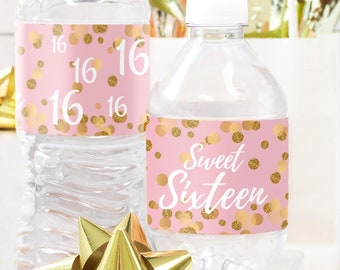 Sweet 16 Birthday Party Water Bottle Labels, Pink and Gold | 16th Sixteen Waterproof Water Bottle Wrappers